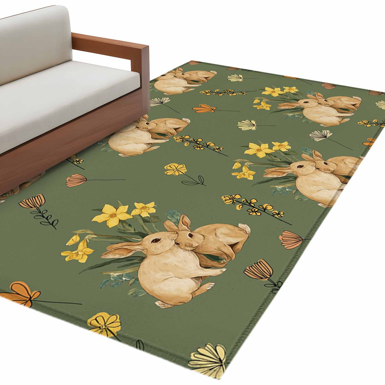 Easter Rabbits Area Rugs 3x5ft Spring Watercolor Floral Bunny Dark ...