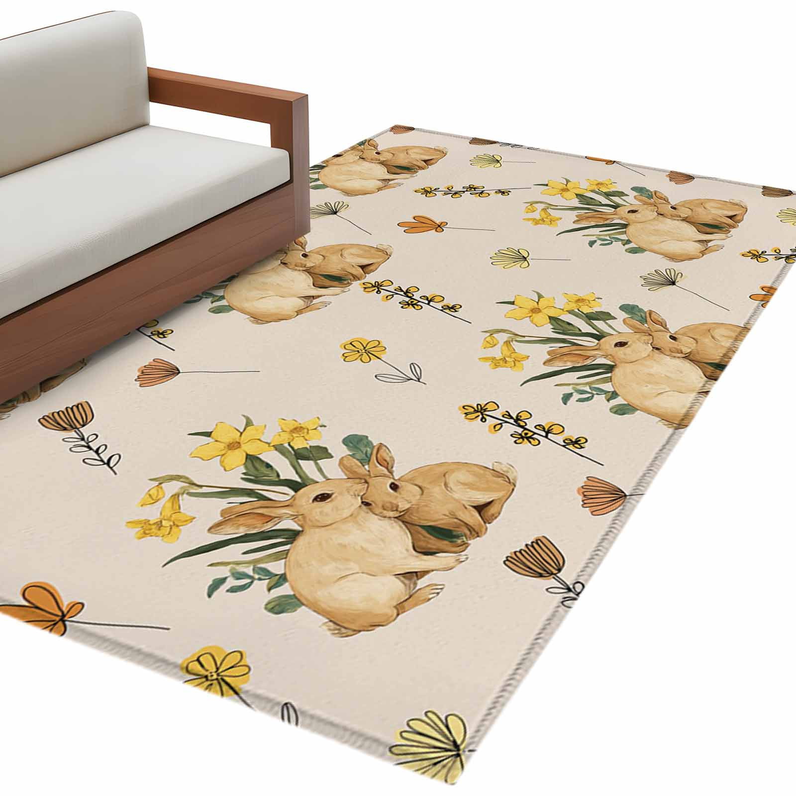 Easter Rabbits Area Rugs 3x5ft Spring Watercolor Floral Bunny Linen ...