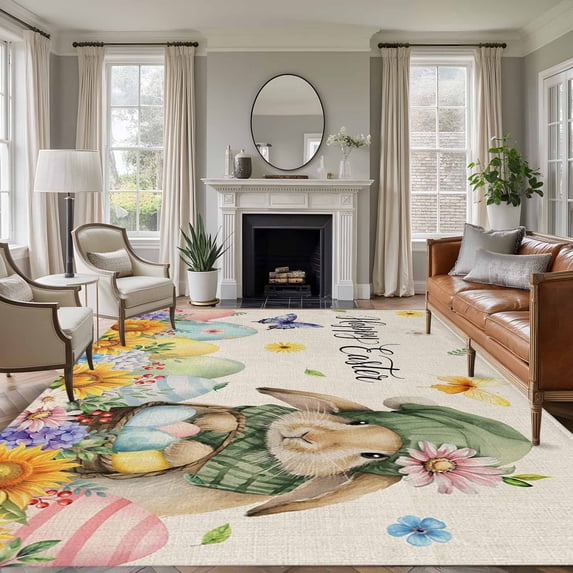 Easter Rabbits Area Rugs 5'x7', Small Throw Rugs for Laundry Room Playroom, Watercolor Flowers Eggs Butterflies Spring Beige Indoor Outdoor Rug Non-Slip Low Pile Carpet Runner Reversible Floor Mats