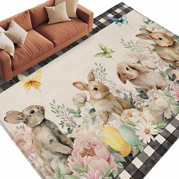 Easter Rabbits Area Rugs 5x8ft Watercolor Rabbits Floral Eggs Butterfly Linen Texture Floor Rug Non Slip Low Pile Ultra Soft Carpet for Entryway Indoor Bedroom Dining Room Under Table