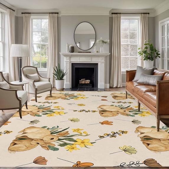 Easter Rabbits Area Rugs 6'x9', Small Throw Rugs for Kitchen Dining room, Spring Yellow Flowers Country Plants Vintage Indoor Outdoor Rug Non-Slip Low Pile Carpet Runner Reversible Floor Mats