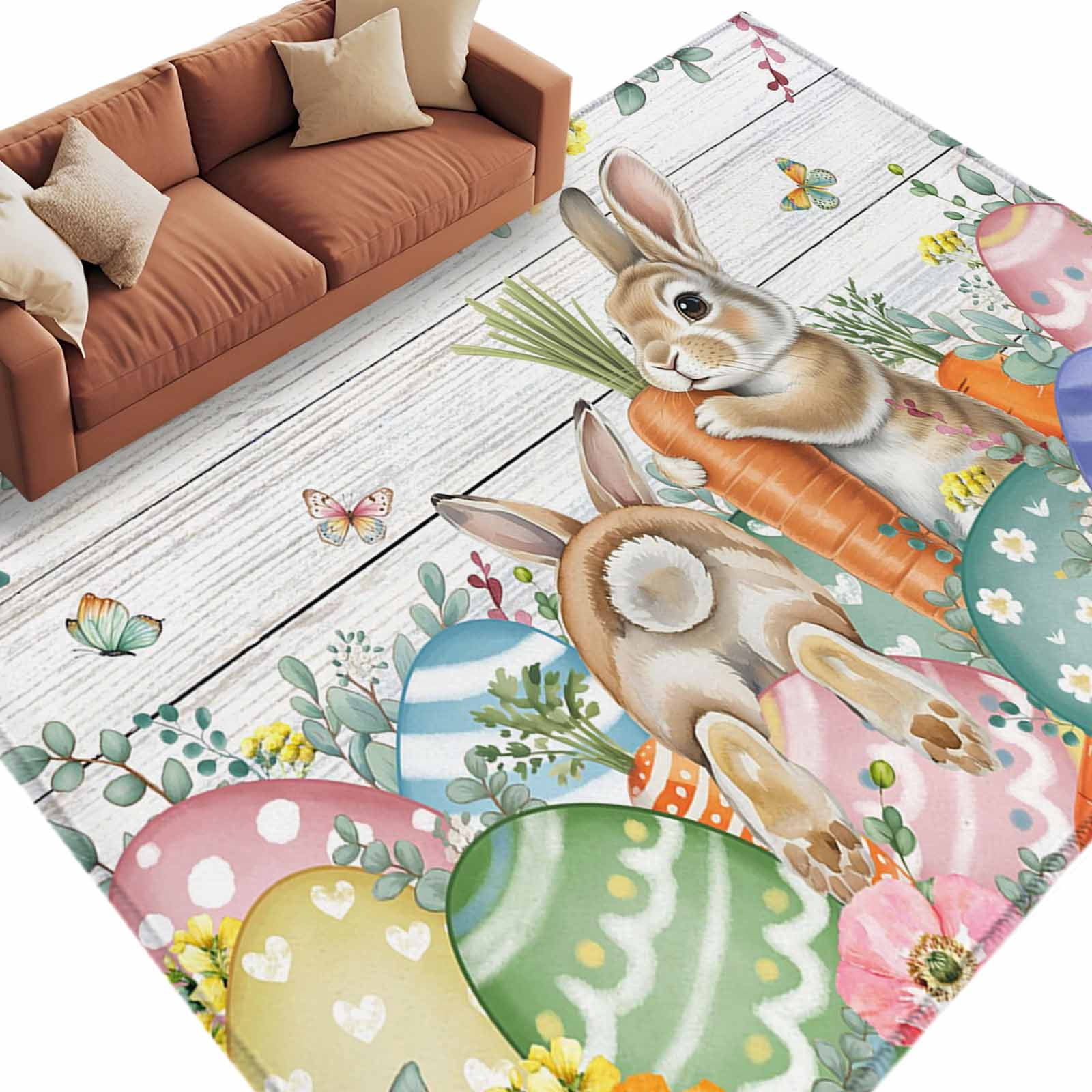 Cartoon Easter Rug Easter Rabbits Area Rugs 6x9ft Spring Bunny Eggs Floral Leaf White Wood ...