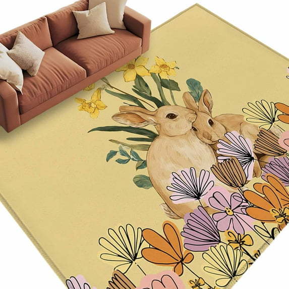 Easter Rabbits Area Rugs 8x10ft Spring Floral Leaf Bunny Yellow Background Floor Rug Non Slip Low Pile Ultra Soft Large Carpet for Bedroom Living Room Dining Room