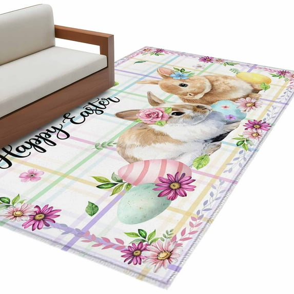 Easter Rabbits Area Rugs Collection 4'x6', Cute Bunny Faisy Leaf Eggs Spring Colorful Plaid Non Slip Indoor Rectangle Throw Runner Rug Floor Mat Carpet for Living Room Dining Table Bedroom Nursery