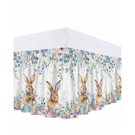 Easter Rabbits Bed Skirt King Size 16 Inch Drop, Watercolor Purple Pink Blue Floral Green Leaf Eggs Adjustable Elastic Dust Ruffles Bedskirt for King Bed Wrap Around Pleated Mattress Frame Cover