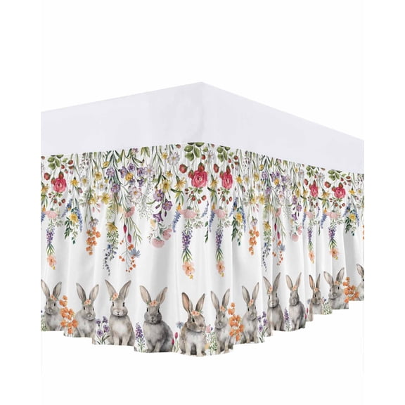 Easter Rabbits Bed Skirt Queen Size 16 Inch Drop, Bunny Spring Red Yellow Blue Purple Floral Plant Adjustable Elastic Dust Ruffles Bedskirt for Queen Bed Wrap Around Pleated Mattress Frame Cover