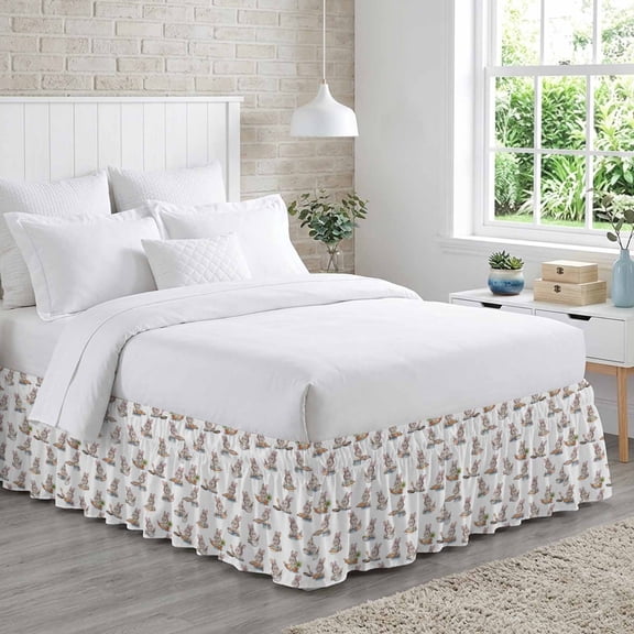 Easter Rabbits Bed Skirt Queen Size 18 Inch Drop, Watercolor Radish Cooking Carrots Abstract Farm Adjustable Elastic Dust Ruffles Bedskirt for Queen Bed Wrap Around Pleated Mattress Frame Cover