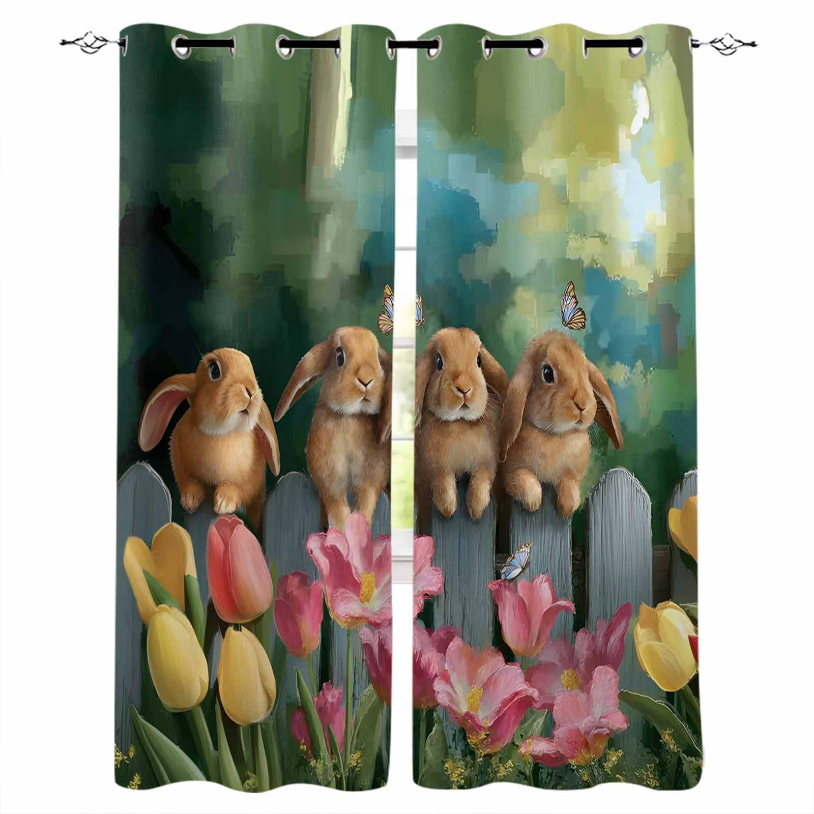Easter Rabbits Blackout Curtains for Bedroom, Spring Tulips Flowers ...