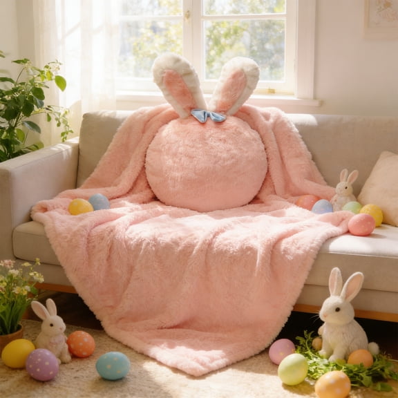 Easter Rabbits Blanket,Pink, Transforms Into Throw, Cushion, or Pillow,Easter Gift for All Ages