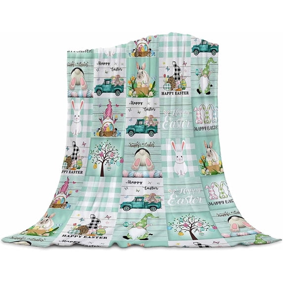 Easter Rabbits Blanket Super Soft Flannel Fleece Easter Element Cute Gnome Rabbits Tail Tree Colorful Eggs Teal Truck Aqua Plaid Throw Blanket Cozy Fuzzy Plush Bed Blankets for Couch Sofa 60x80inch