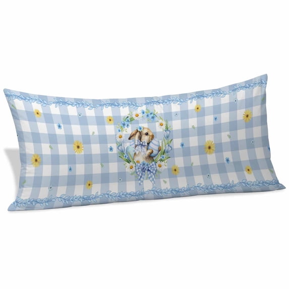 Easter Rabbits Body Pillow Covers 20"x60", Spring Eggs Tulips Daisy Wreath Bunny Blue Plaid Soft Brushed Microfiber Breathable Throw Pillow Covers, Pillowcase with Zipper for Couch Sofa Bedroom