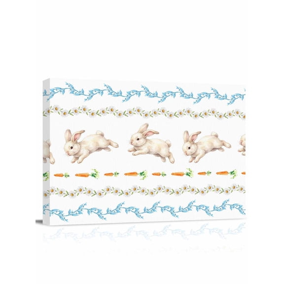 Easter Rabbits Canvas Print Wall Art Carrots Flower Blue Leaf Spring Animal Pictures Painting Morden Artwork for Living Room Bedroom, Ready to Hang - 12"x16"