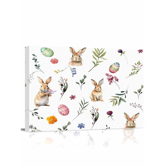 Easter Rabbits Canvas Print Wall Art Colorful Eggs Leaf Floral Spring Pictures Painting Morden Artwork for Living Room Bedroom, Ready to Hang - 12"x16"