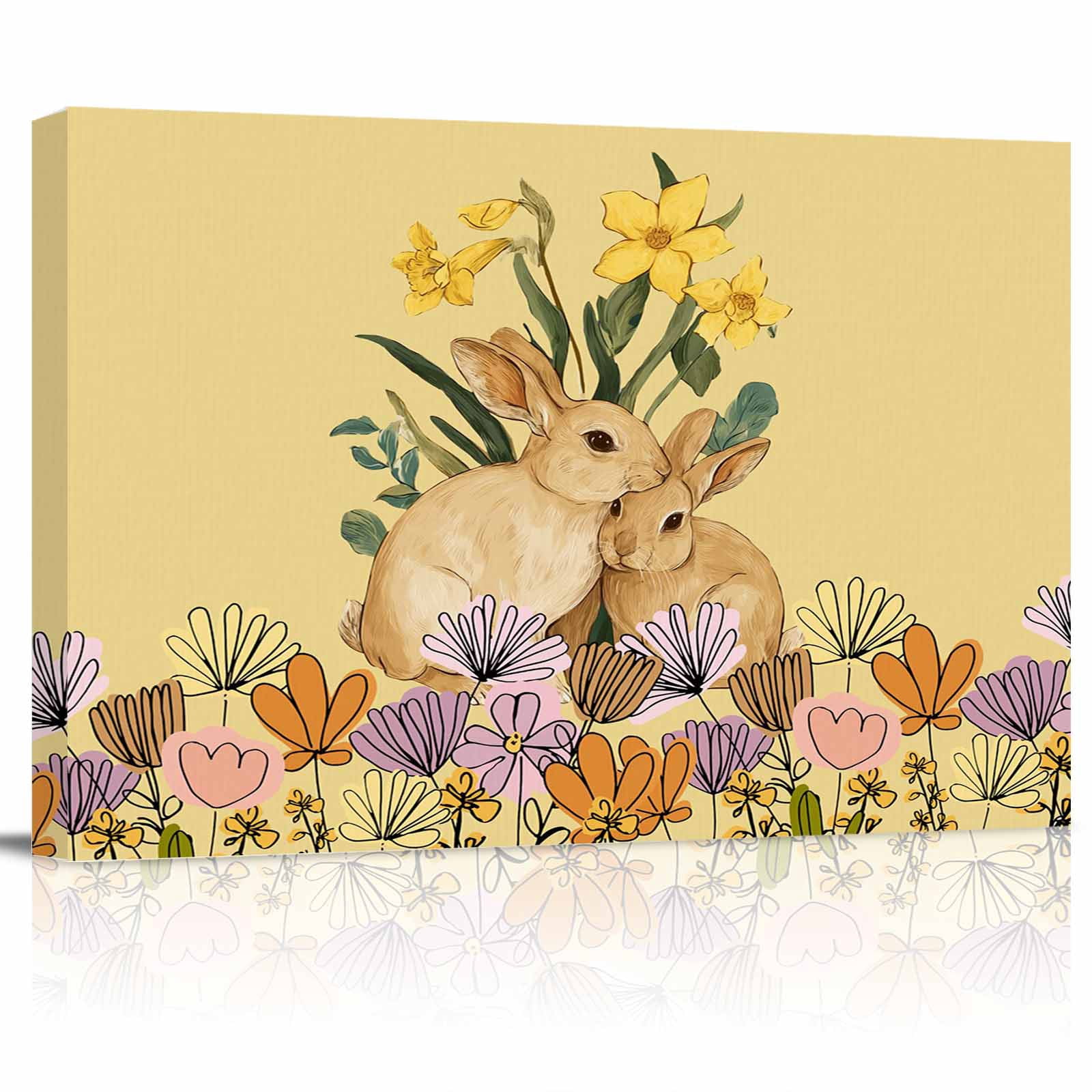 Easter Rabbits Canvas Print Wall Art Spring Floral Leaf Bunny Yellow ...