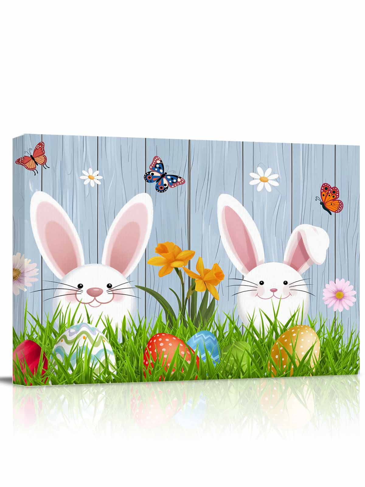 Easter Rabbits Canvas Print Wall Art Spring Floral Plant Red Blue ...