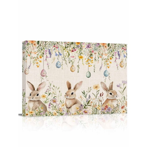 Easter Rabbits Canvas Print Wall Art Vintage Colorful Falling Eggs Spring Flower Leaf Linen Texture Pictures Painting Morden Artwork for Living Room Bedroom, Ready to Hang - 12"x16"