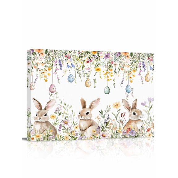 Easter Rabbits Canvas Print Wall Art Vintage Colorful Falling Eggs Spring Flower Leaf Pictures Painting Morden Artwork for Living Room Bedroom, Ready to Hang - 12"x16"