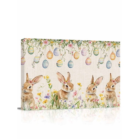 Easter Rabbits Canvas Print Wall Art Vintage Falling Eggs Spring Colorful Floral Leaf Linen Texture Pictures Painting Morden Artwork for Living Room Bedroom, Ready to Hang - 12"x16"