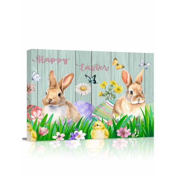 Easter Rabbits Canvas Print Wall Art Watercolor Colorful Eggs Floral Grass Butterfly Green Wood Grain Pictures Painting Morden Artwork for Living Room Bedroom, Ready to Hang - 12"x16"