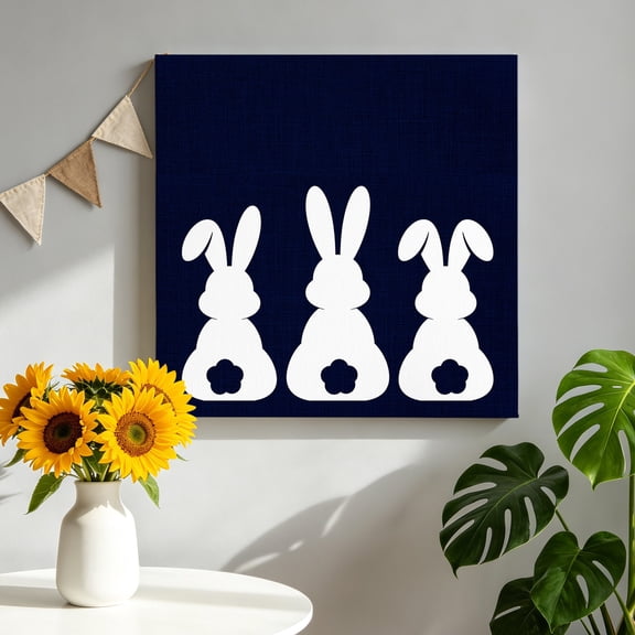 Easter Rabbits Canvas Wall Art Framed Wall Decor for Living Room Bedroom Bathroom, Simple Abstract White Bunny Silhouette Animals Navy Blue Canvas Pictures Ready to Hang Decor, 8"x8"