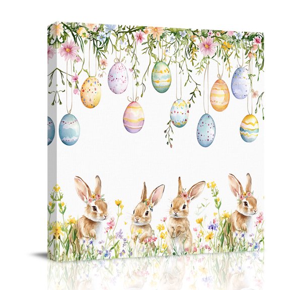 Easter Rabbits Canvas Wall Art for Living Room, Vintage Falling Eggs Spring Colorful Floral Leaf Poster Print Painting for Bedroom Office Home Decoration Wall Pictures Prepare To Hang 8"x8"