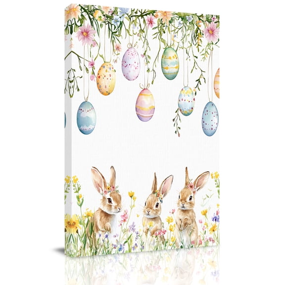 Easter Rabbits Canvas Wall Art for Living Room, Vintage Falling Eggs Spring Colorful Floral Leaf Wall Decor Framed Artwork Pictures Ready to Hang for Bedroom Office Home Decor