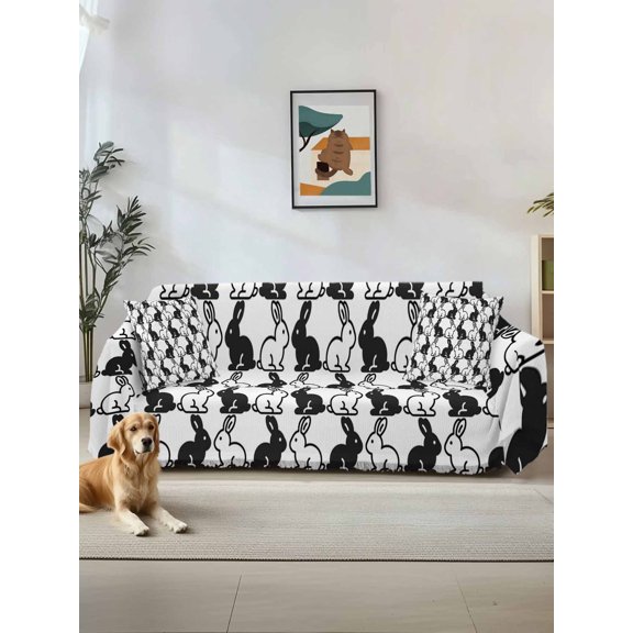 Easter Rabbits Couch Cover, Cute Bunny Cartoon Animals Black White Oversized Sofa Cover Blanket for 3 Cushion Couch, Sectional Sofa Slipcover Furniture Protector for Living Room Bedroom 71''x150''