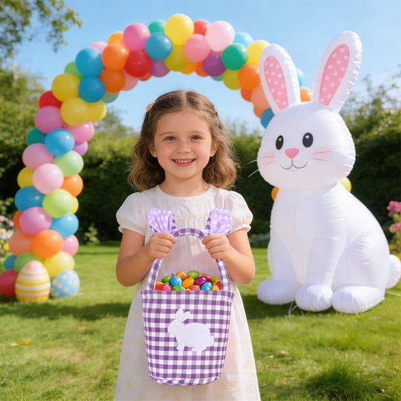 Easter Rabbits Decoration Baskets with Rabbits Ears Easter Mood Decoration Cute Plaid with Rabbits Ears Candy Gift Storage Handbag