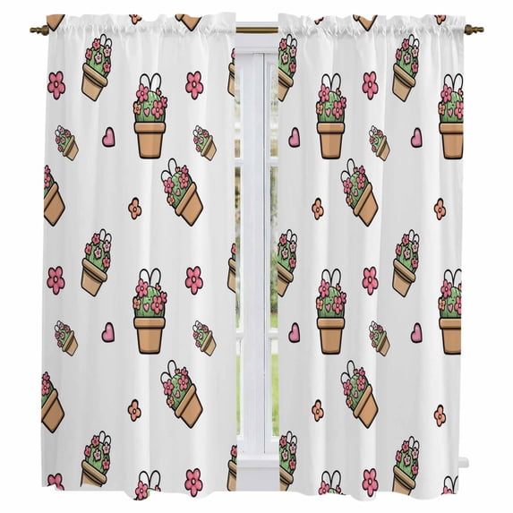 Easter Rabbits Ears Kitchen Curtains 63 Inch Length, Spring Cactus Potted Plant Flowers Tiers Curtains for Living Room Berdoom Bathroom, Light Filtering Drapes Window Treatment 2 Panels 42"Wx63"L