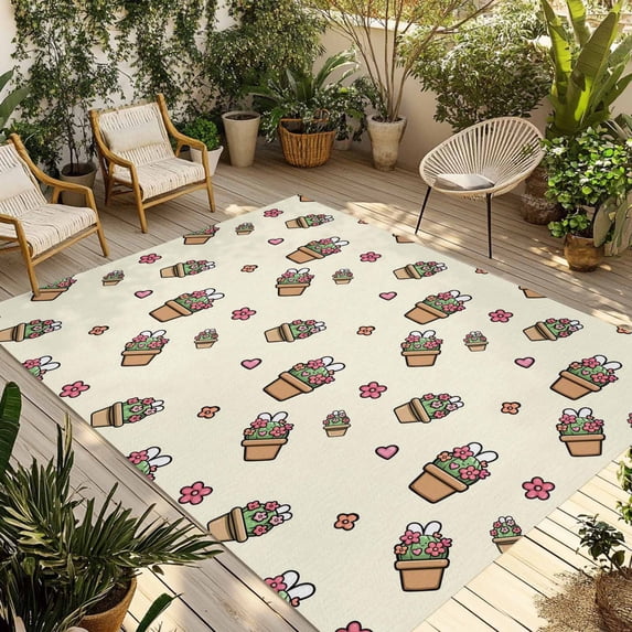 Easter Rabbits Ears Outdoor Rug for Patio/Deck/Porch, Non-Slip Large Area Rug 3 x 5 Ft, Spring Cactus Potted Plant Flowers Yellow Indoor Outdoor Rugs Washable Area Rugs, Camping Rug Carpet Runner