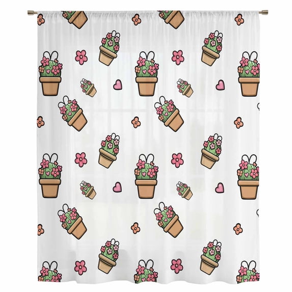 Easter Rabbits Ears Sheer Curtains 72 Inches Long, Spring Cactus Potted Plant Flowers Light Filering Curtains, Breathable Simi Curtain Privacy Drapes for Living Room Bedroom Window Treatment