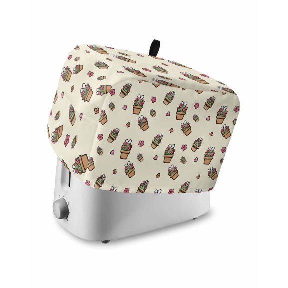 Easter Rabbits Ears Small Toaster Cover 2 Slice, Kitchen Appliance Covers, Spring Cactus Potted Plant Flowers Yellow Toaster Oven Cover with Loop, Bread Machine Cover Polyester Dust Cover Protection