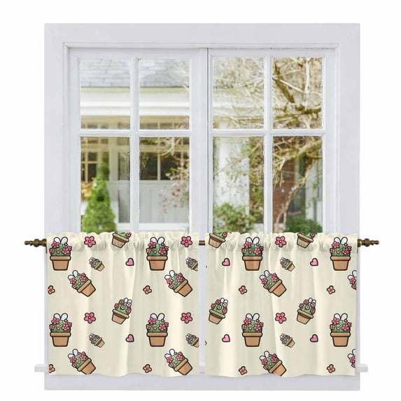 Easter Rabbits Ears Tier Curtains 36 Inch Length, Spring Cactus Potted Plant Flowers Yellow Cafe Short Curtains for Bathroom Sink, Small Kitchen Curtain Light Filtering Drapes 2 Panels 27.5"Wx36"L