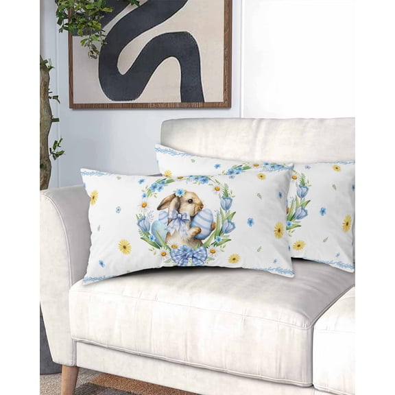 Easter Rabbits Eggs California King Pillow Case - Microfiber Bed Throw Pillow Covers, Watercolor Floral Daisy Bunny Bow Spring Decorative Lumbar Pillow Cover with Envelope Closure for Sofa 20"x40"