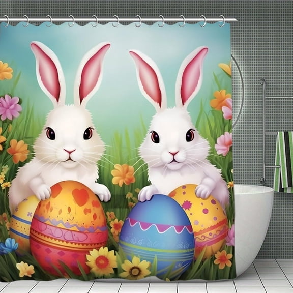 Easter Rabbits Eggs Flowers Print Shower Curtain,Modern Fabric Waterproof Shower Curtain Set with Hooks,70.8×70.8Inch