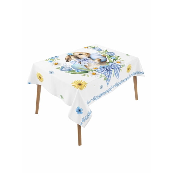 Easter Rabbits Eggs Rectangle Tablecloth, Watercolor Floral Daisy Bunny Bow Spring Waterproof & StainResistant Tablecloth, Washable Oil-proof Table Cover for Dining/Party/Wedding/Buffet 60x84 In