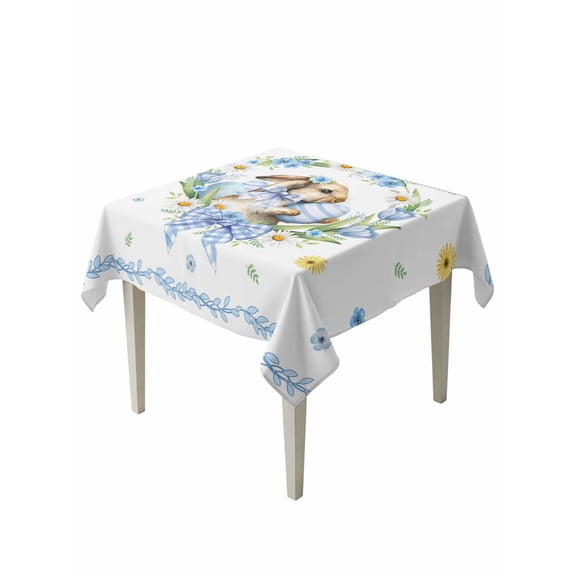 Easter Rabbits Eggs Suqare Tablecloth - 54 x 54 Inch, Watercolor Floral Daisy Bunny Bow Spring Waterproof & StainResistant Tablecloth, Washable Oil-proof Table Cover for Dining/Party/Wedding/Buffet
