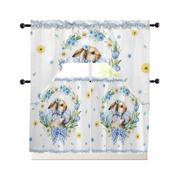 Easter Rabbits Eggs Swag Curtains for Living Room/Bedroom Windows, Watercolor Floral Daisy Bunny Bow Spring Kitchen Curtains and Valances Set 36 Inch Length, Swags Valance Curtain Panels