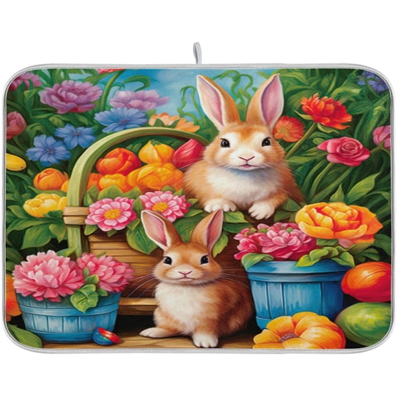 Easter Rabbits Flowers Dish Drying Mat for Kitchen Counter, Absorbent, Microfiber Dish Drying Rack Pad, and Protector for Kitchen Countertops 16 In x 18 In