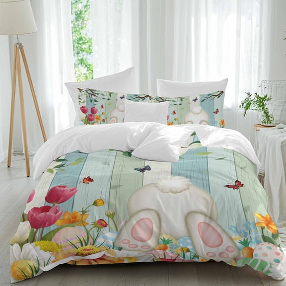 Easter Rabbits Foot Queen Size Comforter Set, Spring Flowers Leaf Branches Teal Green Bedding for All Seasons, 4 Pcs Bed Set, 1Quiltcover (90"x92") ,1Sheet(94"x116"), 2Pillowcases (30"x20")