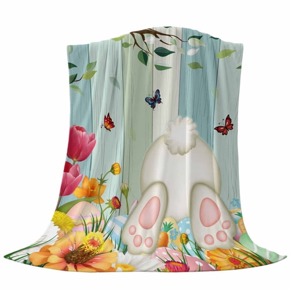 Easter Rabbits Foot Throw Flannel Blanket Spring Flowers Leaf Branches Teal Green Super Soft Cozy Bed Blanket, Lightweight Plush Fuzzy Bed Throw for Bedroom Sofa Couch Living Room 30x40In,