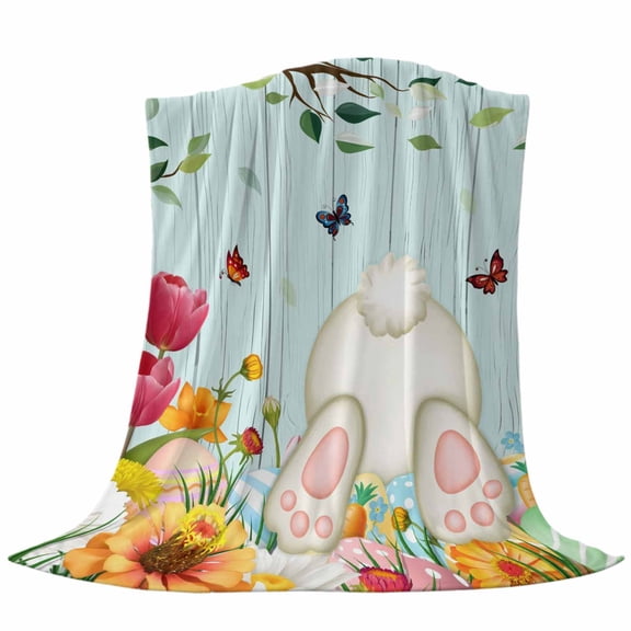 Easter Rabbits Foot Throw Flannel Blanket Spring Flowers Leaf Branches Teal Wood Super Soft Cozy Bed Blanket, Lightweight Plush Fuzzy Bed Throw for Bedroom Sofa Couch Living Room 50x60In,