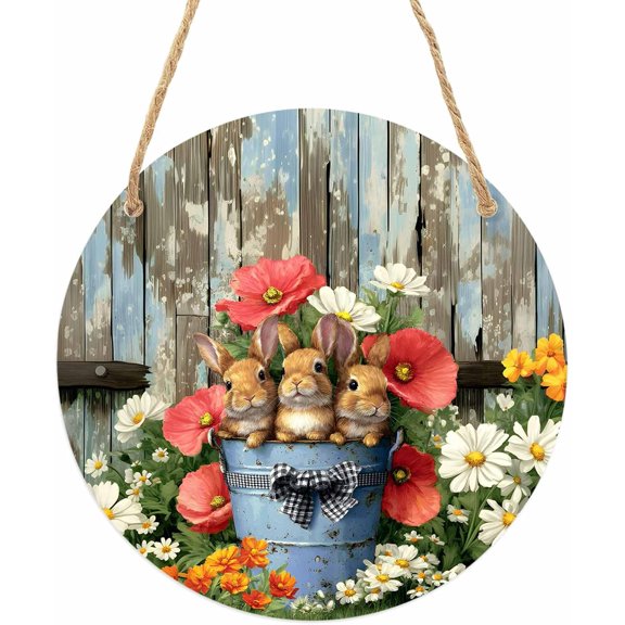 Easter Rabbits Front Door Sign, 8 Inch, Retro Country Floral Bucket Bunny Wood Grain Round Hanging Sign With Rope Easter Wall Decorations for Door, Porch, Home