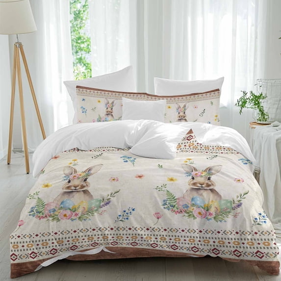 Easter Rabbits Full Size Comforter Set, Wildflowers Flowers Vintage Farm Plant Bedding for All Seasons, 4 Pcs Bed Set, 1Quiltcover (86"x86") ,1Sheet(80"x116"), 2Pillowcases (30"x20")