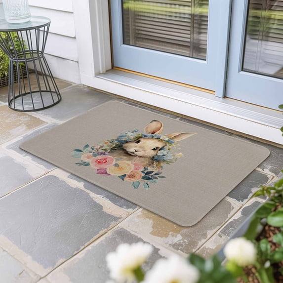 Easter Rabbits Gray Door Mat Indoor Outdoor, Easter Bunny Spring Rose Flower Non Slip Welcome Mat with Rubber Backing, Absorbent Fabric Front Door Mats Entryway Rug for Home Patio Entrance 24"x36"