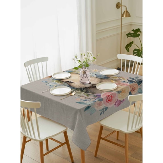 Easter Rabbits Gray, Tablecloth Rectangle Table Cloth 60x84, Waterproof Tablecloth Outdoor Table Cloth, Easter Bunny Spring Rose Flower Washable Table Cover for Kitchen Dinning Party