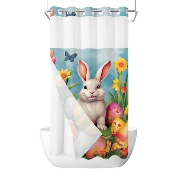Easter Rabbits, No Hook Shower Curtain Waterproof, Bathroom Curtains with Snap in Liners and See Through Top Window, Easter Bunny Egg Watercolor Floral Hotel Style Bathtub Curtains Shower 54"Wx78"L