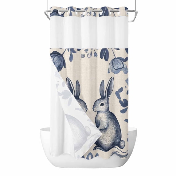 Easter Rabbits No Hooks Shower Curtain with Snap-in Liner Cute Blue Bunny Watercolor Boho Floral Leaf Linen Texture Shower Curtains for Bathroom, Waterproof, Easy Install, Washable 36"x78"