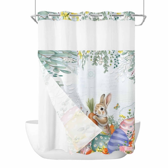 Easter Rabbits No Hooks Shower Curtain with Snap-in Liner Spring Bunny Eggs Floral Leaf Blue Background Shower Curtains for Bathroom, Waterproof, Easy Install, Washable 72"x84"
