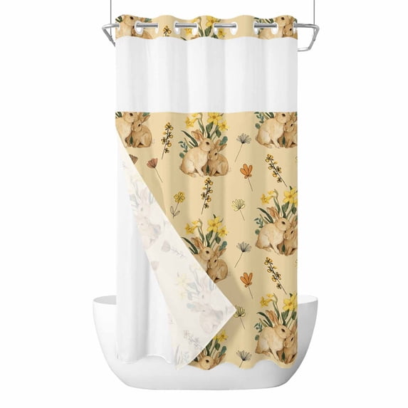 Easter Rabbits No Hooks Shower Curtain with Snap-in Liner Spring Watercolor Floral Bunny Yellow Background Shower Curtains for Bathroom, Waterproof, Easy Install, Washable 54"x78"